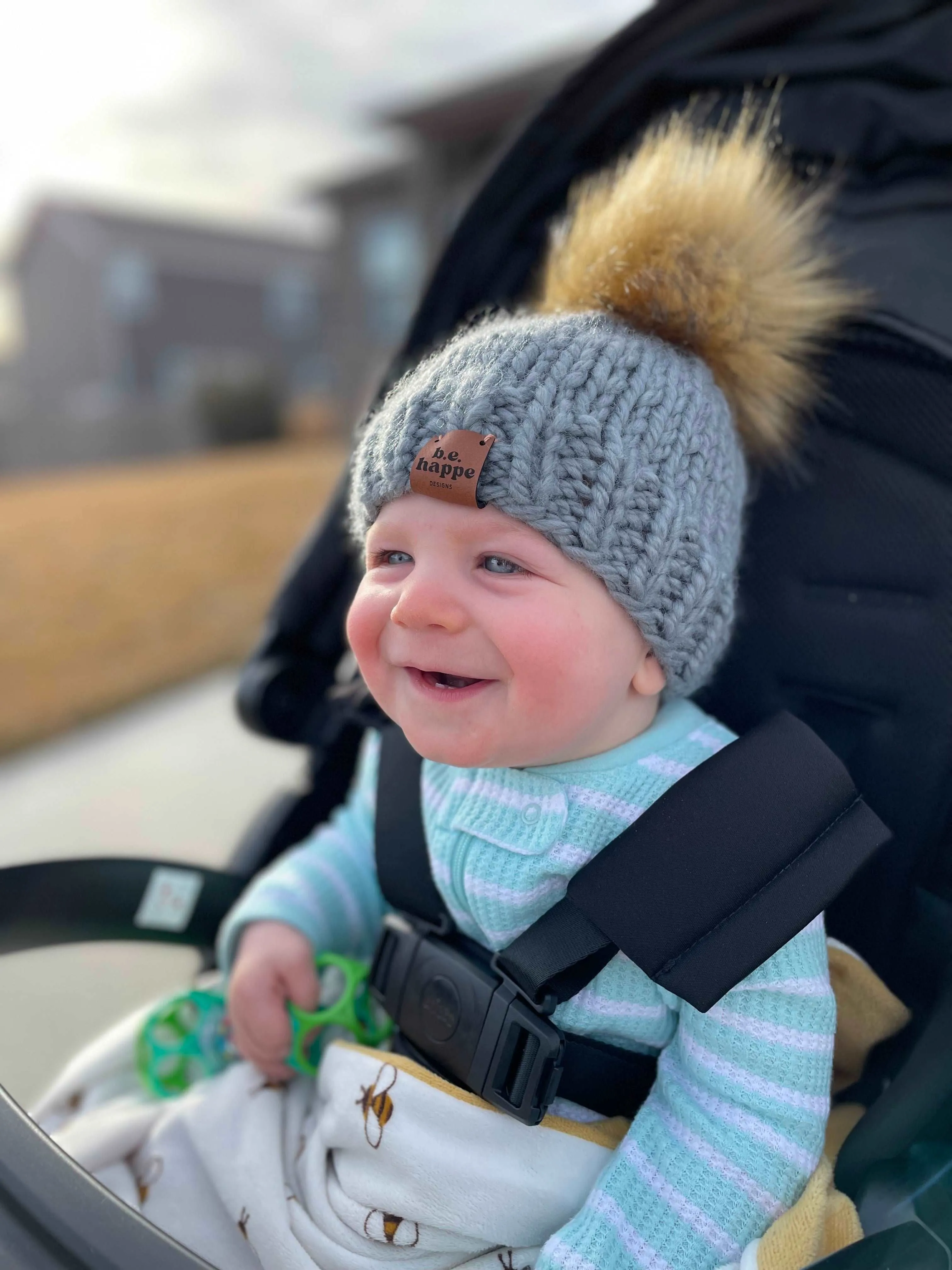 3-6 month Baby Solid Knit Pom Hat | Slate Gray