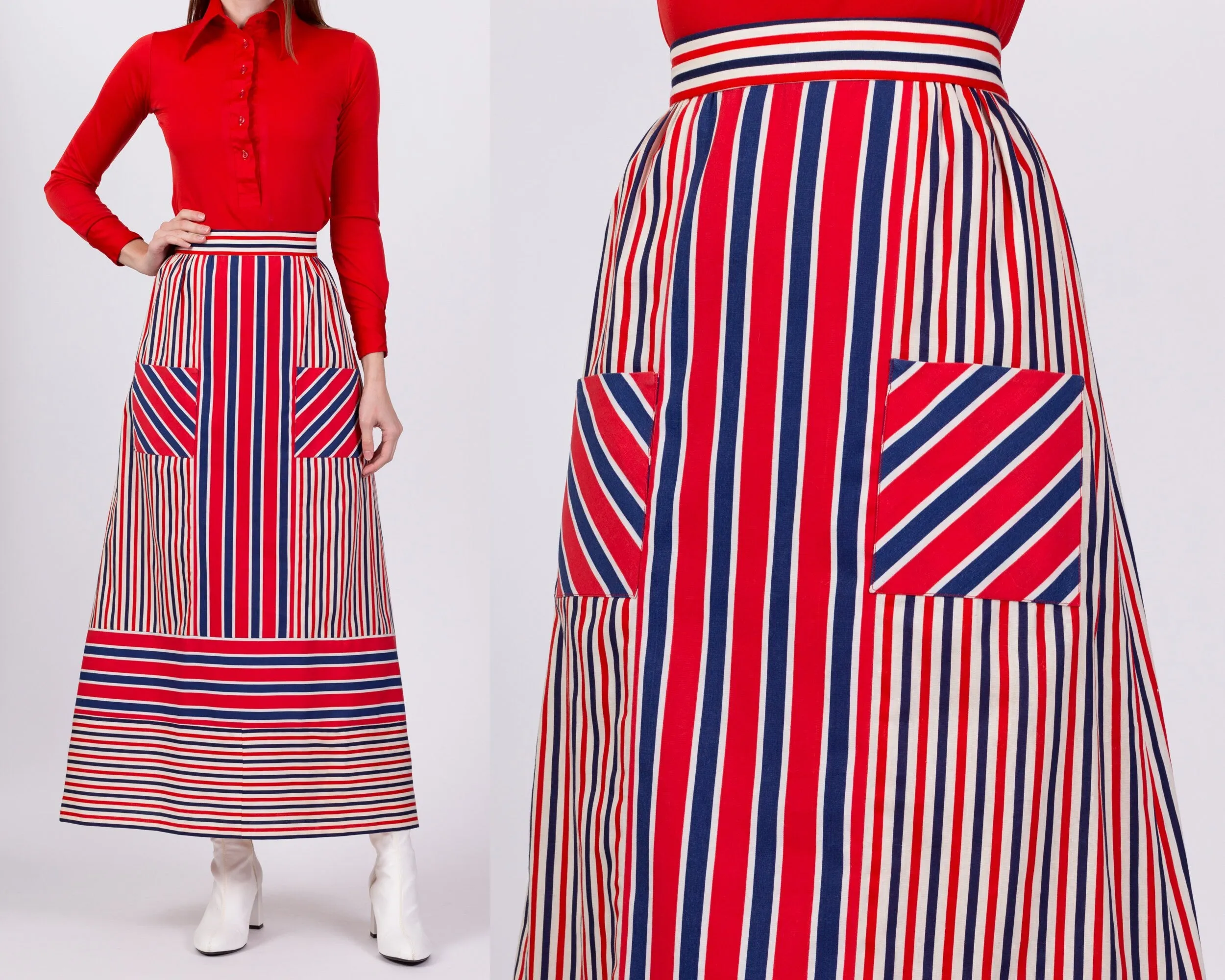 70s Red White & Blue Striped Maxi Skirt - Medium, 29"