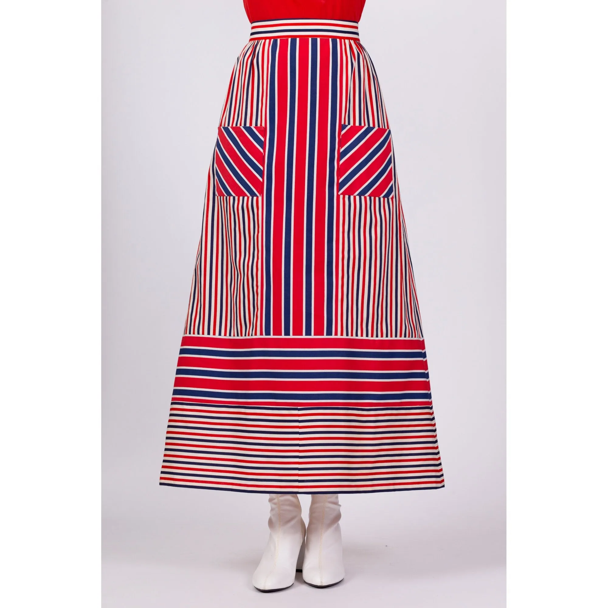 70s Red White & Blue Striped Maxi Skirt - Medium, 29"