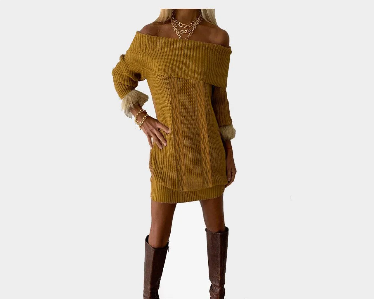 97 Taupe and Sunset Taupe Knit Off the Shoulder Dress - The St. Moritz