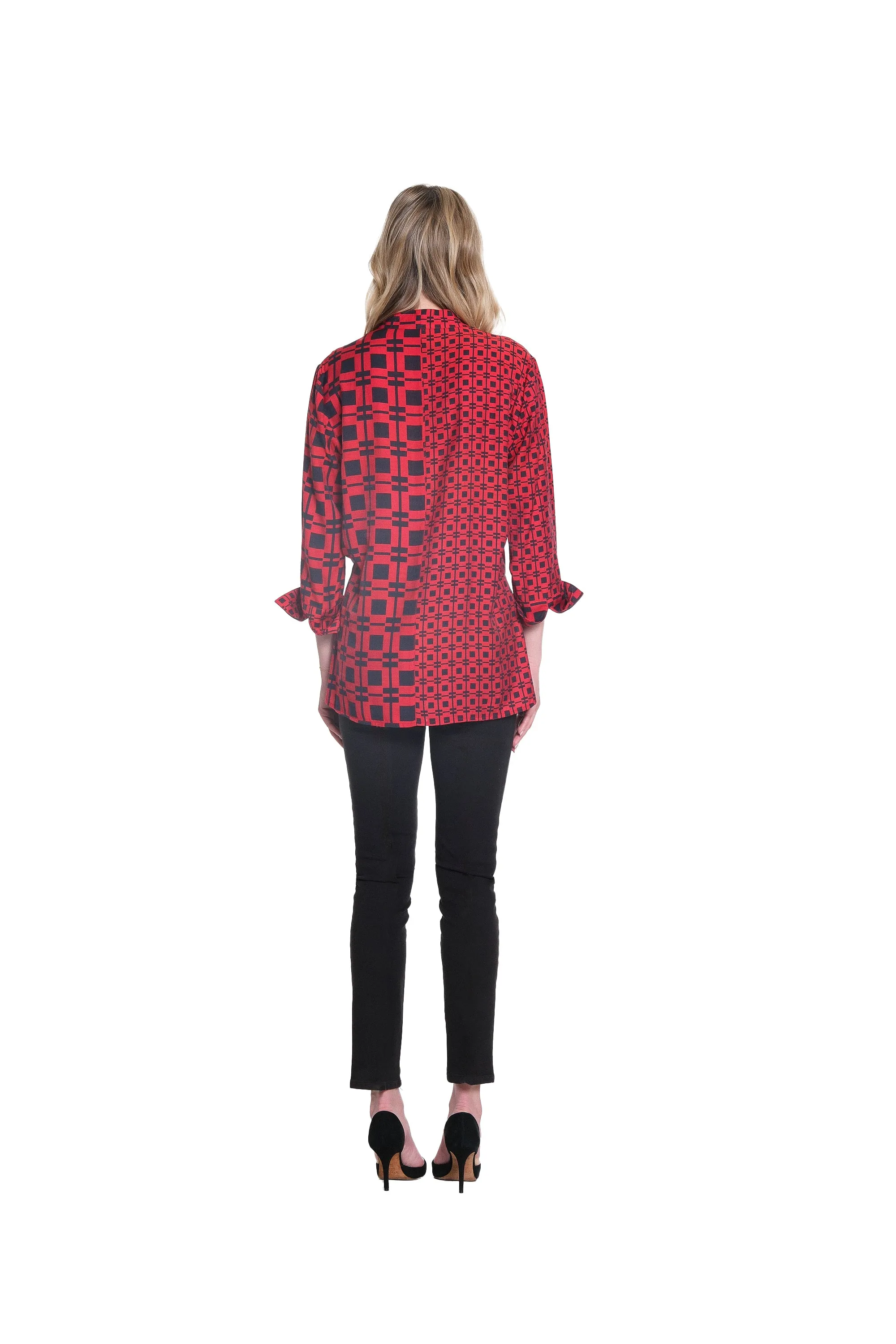 ABSTRACT CHECK BUTTON UP TUNIC - Red