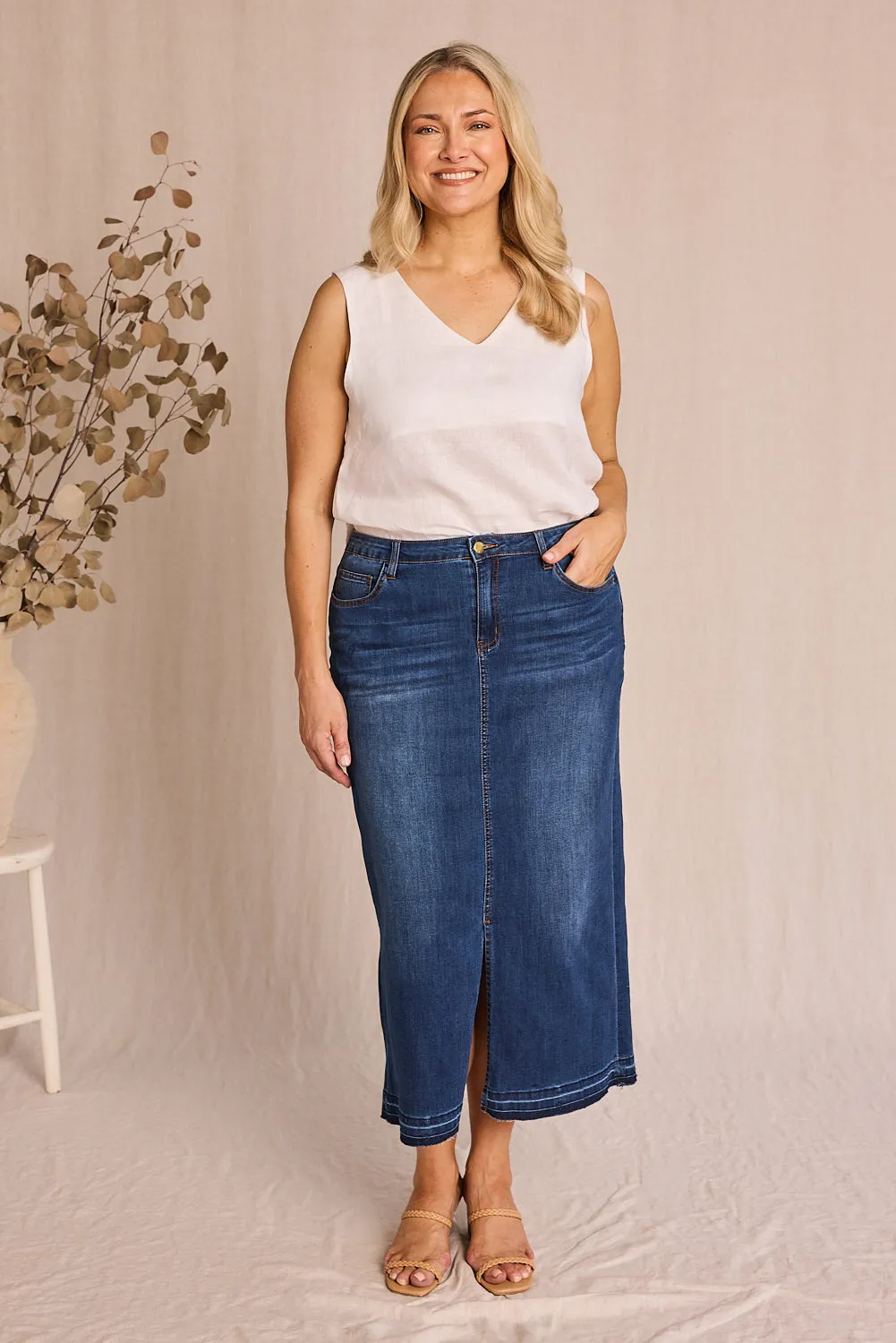 ADRIFT DENIM LONG SPLIT SKIRT