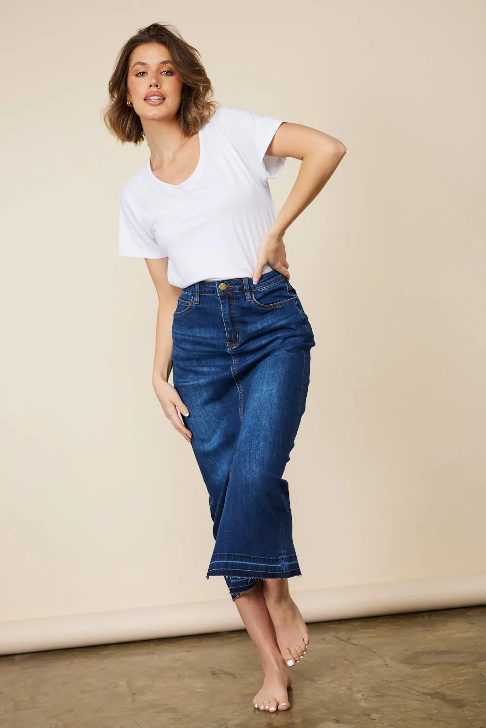 ADRIFT DENIM LONG SPLIT SKIRT