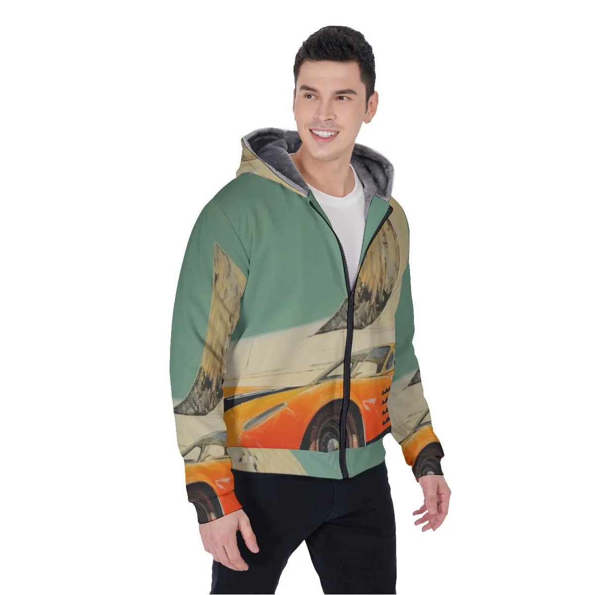 All-Over Print Men's Sherpa Fleece Zip Up Hoodie 26 11 classic car print