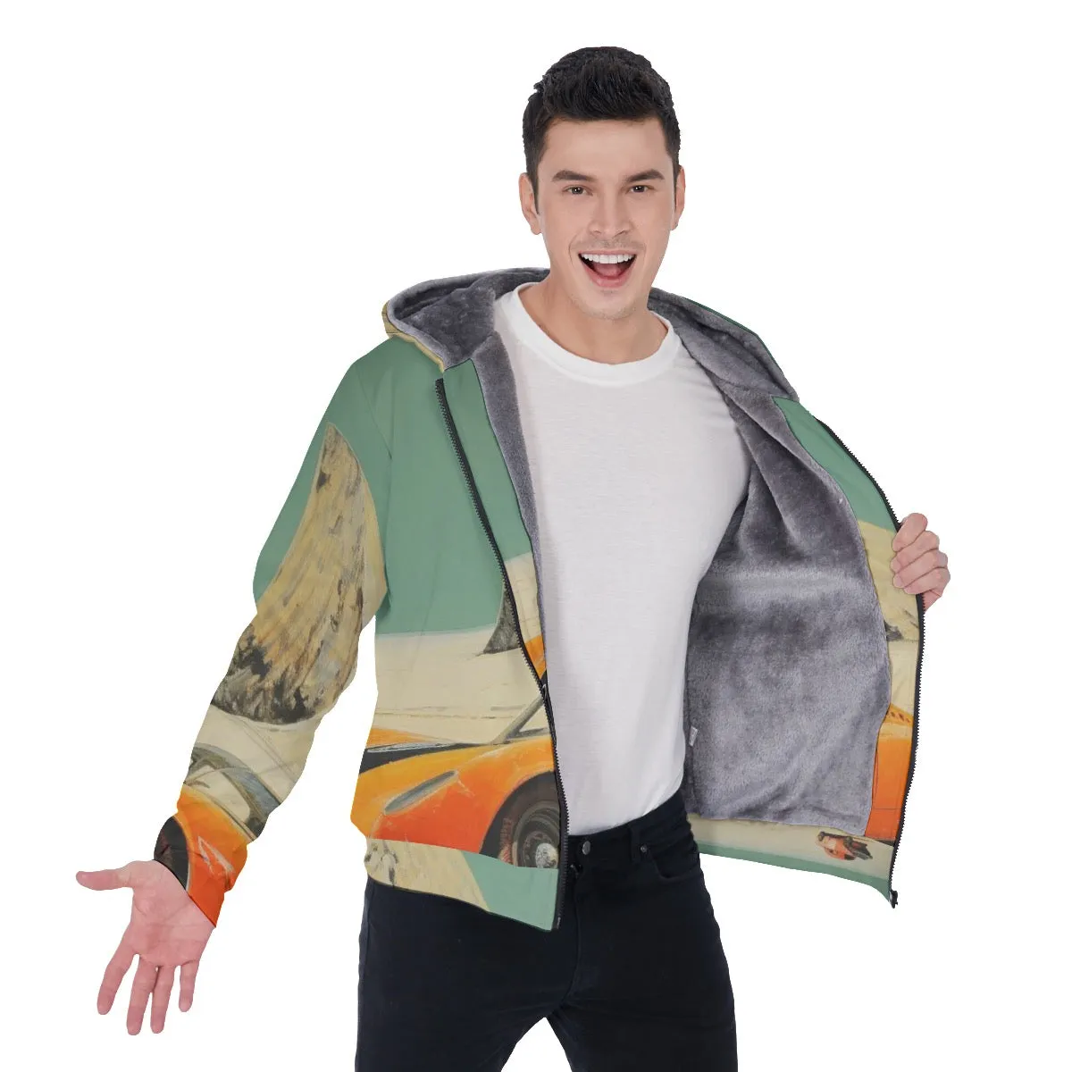 All-Over Print Men's Sherpa Fleece Zip Up Hoodie 26 11 classic car print