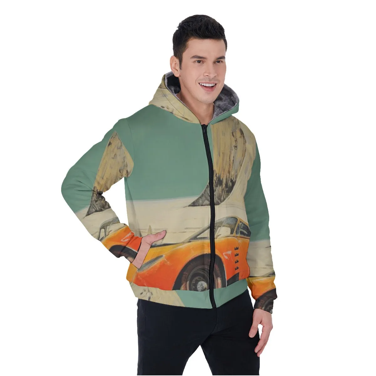 All-Over Print Men's Sherpa Fleece Zip Up Hoodie 26 11 classic car print