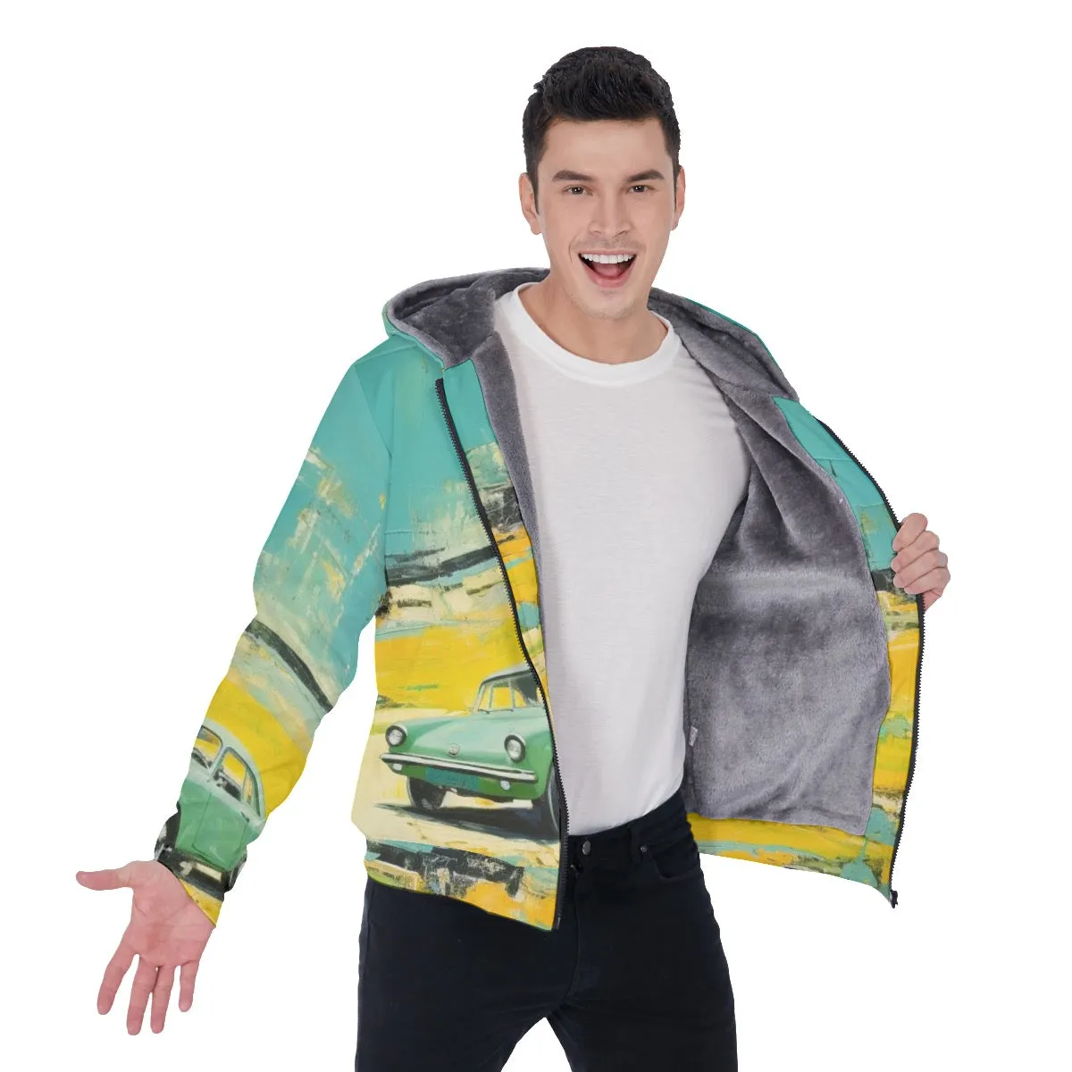 All-Over Print Men's Sherpa Fleece Zip Up Hoodie 26 12 classic car print