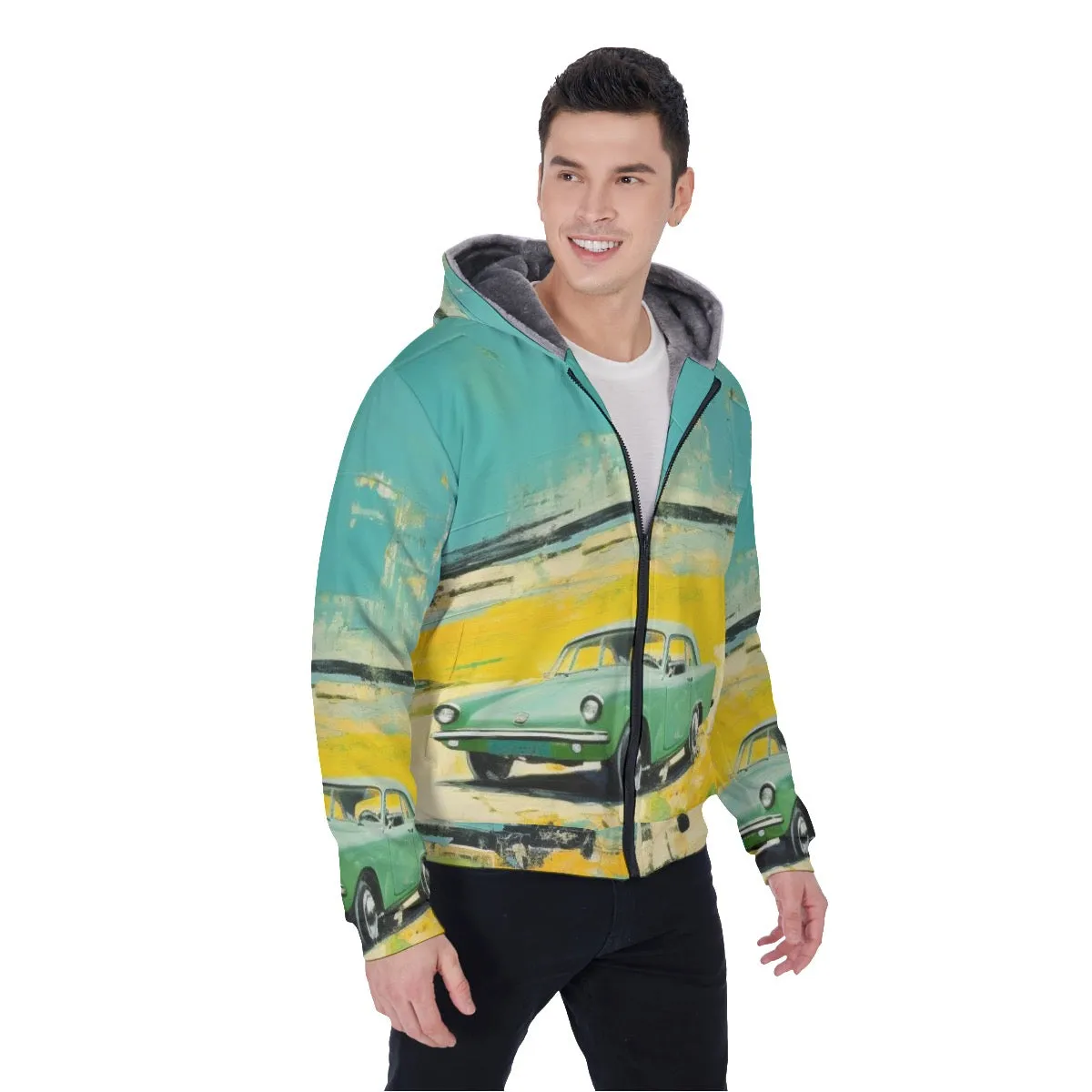 All-Over Print Men's Sherpa Fleece Zip Up Hoodie 26 12 classic car print