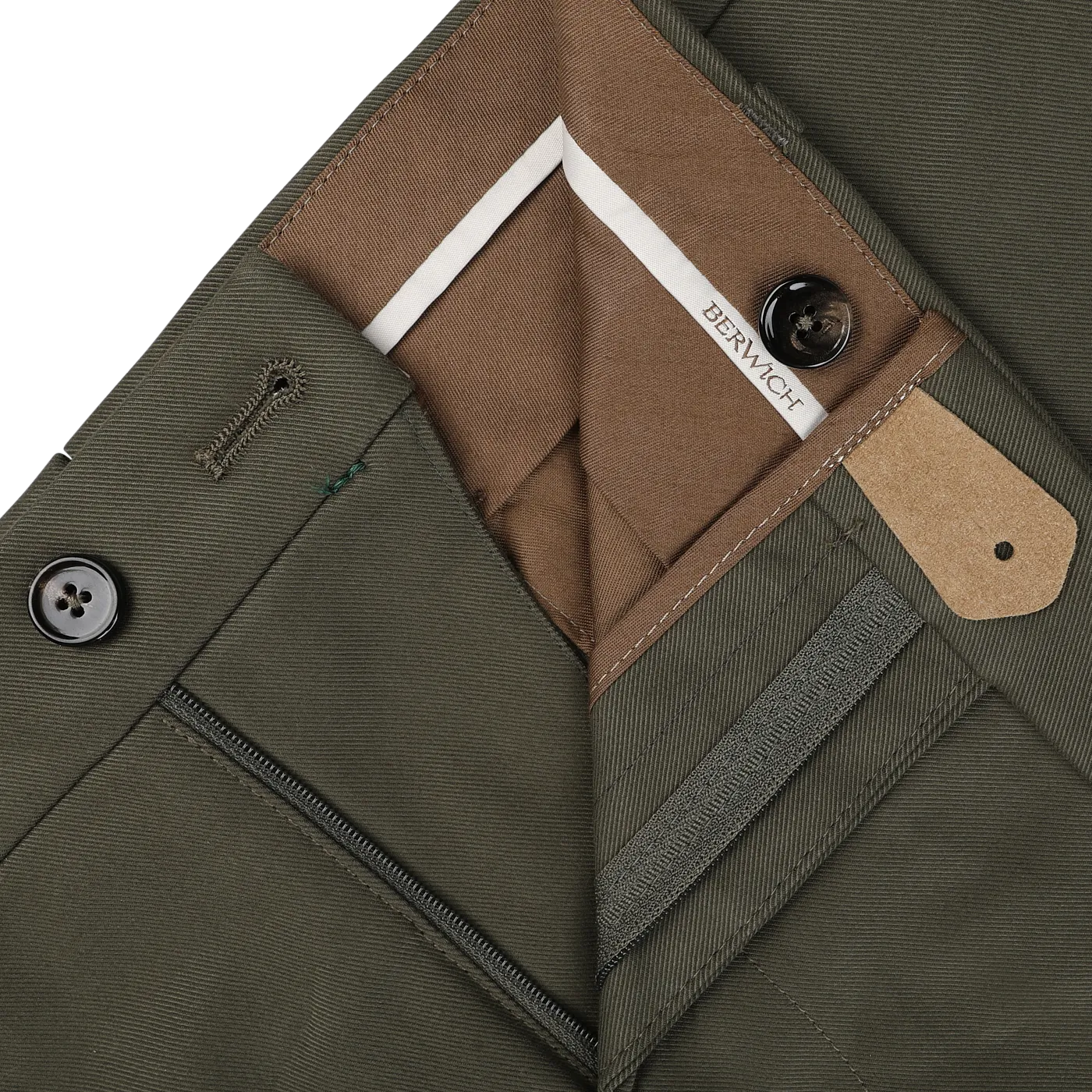 Army Green Cotton Twill Flat Front Trousers