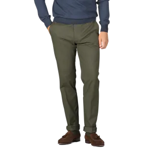 Army Green Cotton Twill Flat Front Trousers