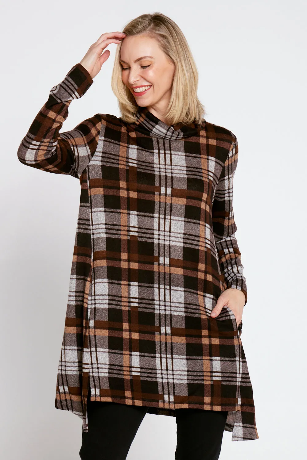 Aspen Cowl Swing Tunic - Coffee Check