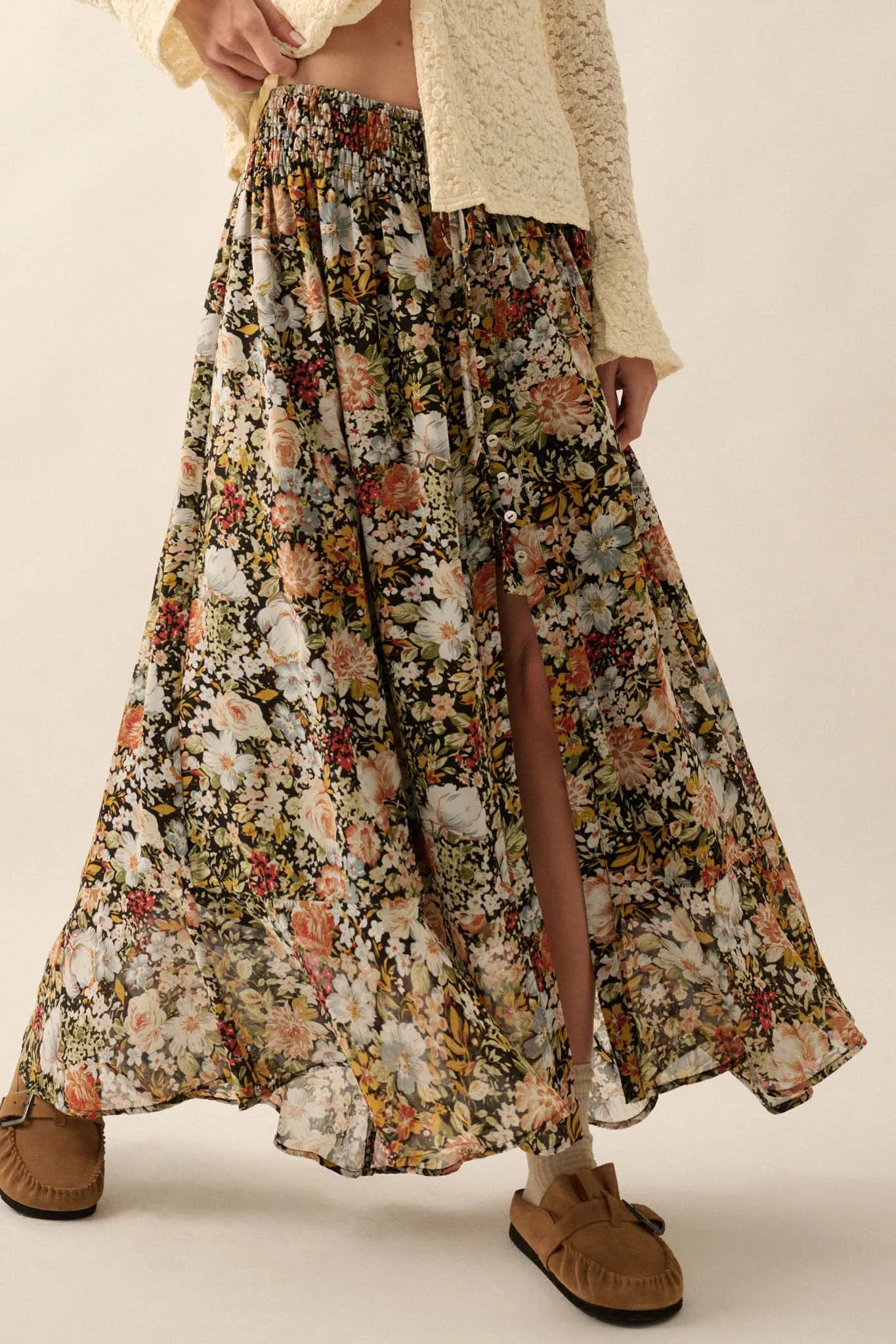 Autumn Bouquet Floral Chiffon Button-Front Maxi Skirt