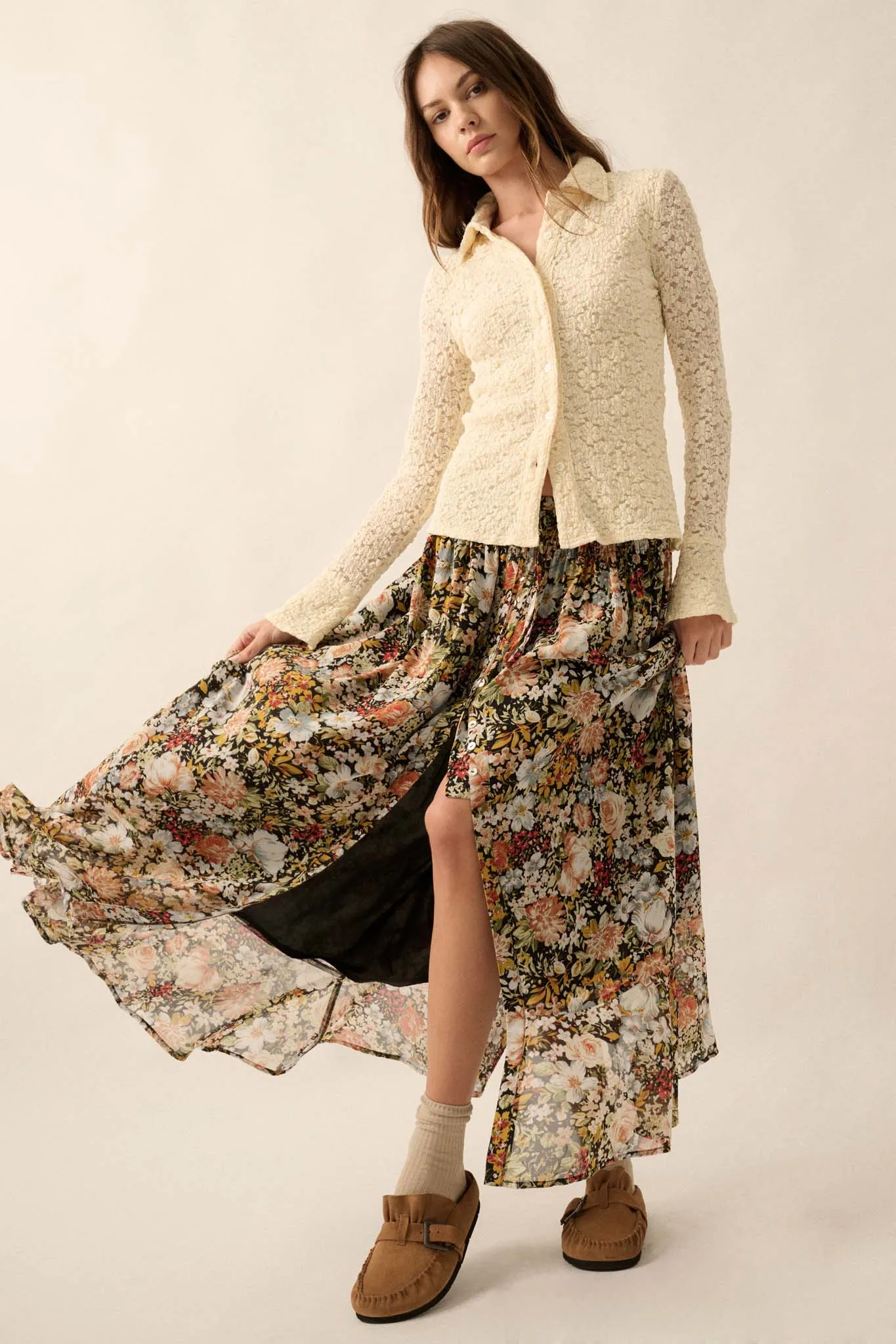 Autumn Bouquet Floral Chiffon Button-Front Maxi Skirt