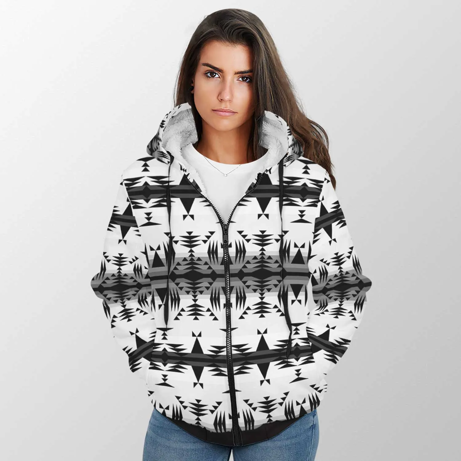 Between the Mountains White and Black Sherpa Hoodie