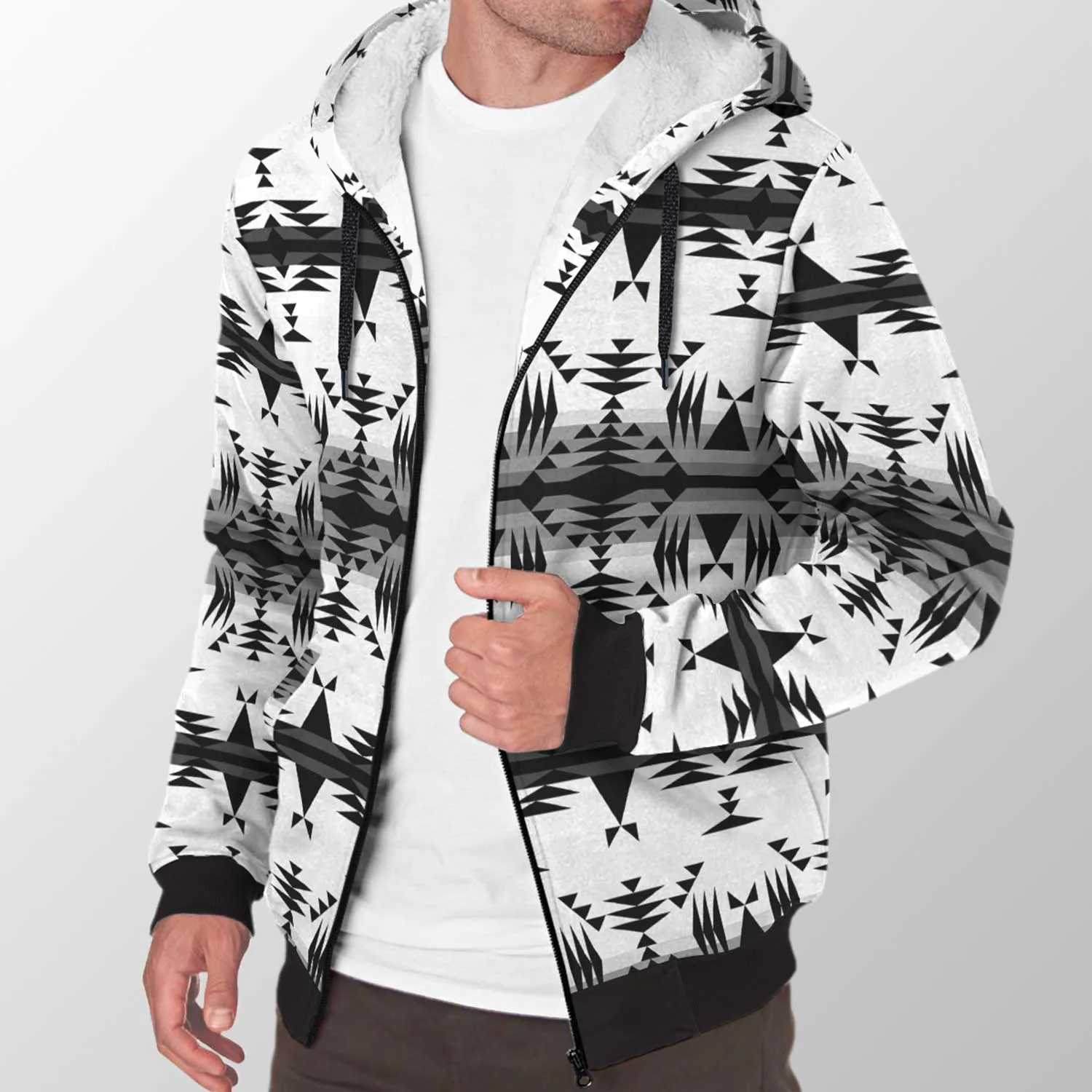 Between the Mountains White and Black Sherpa Hoodie