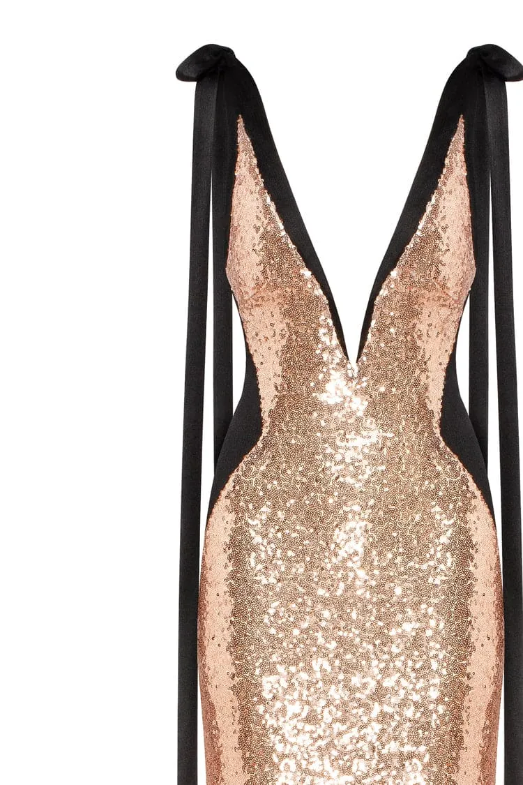 Bizzare fully sequined tie-straps gold maxi dress, Smoky Quartz