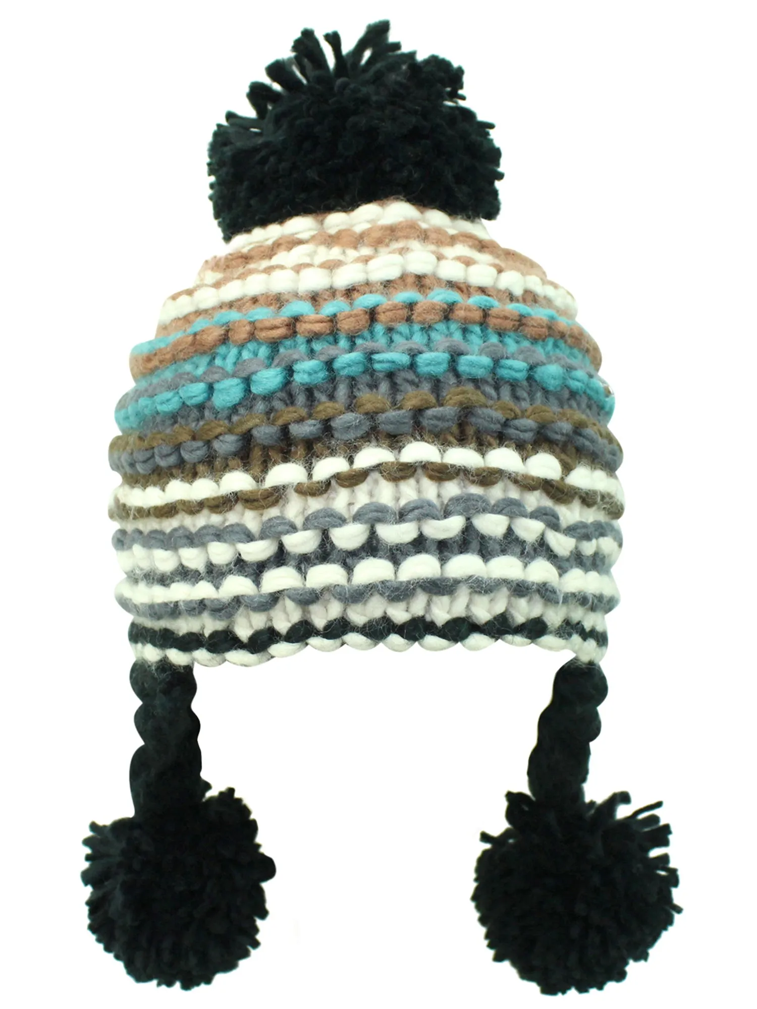 Black Colorful Knit Pom Pom Beanie Cap Hat