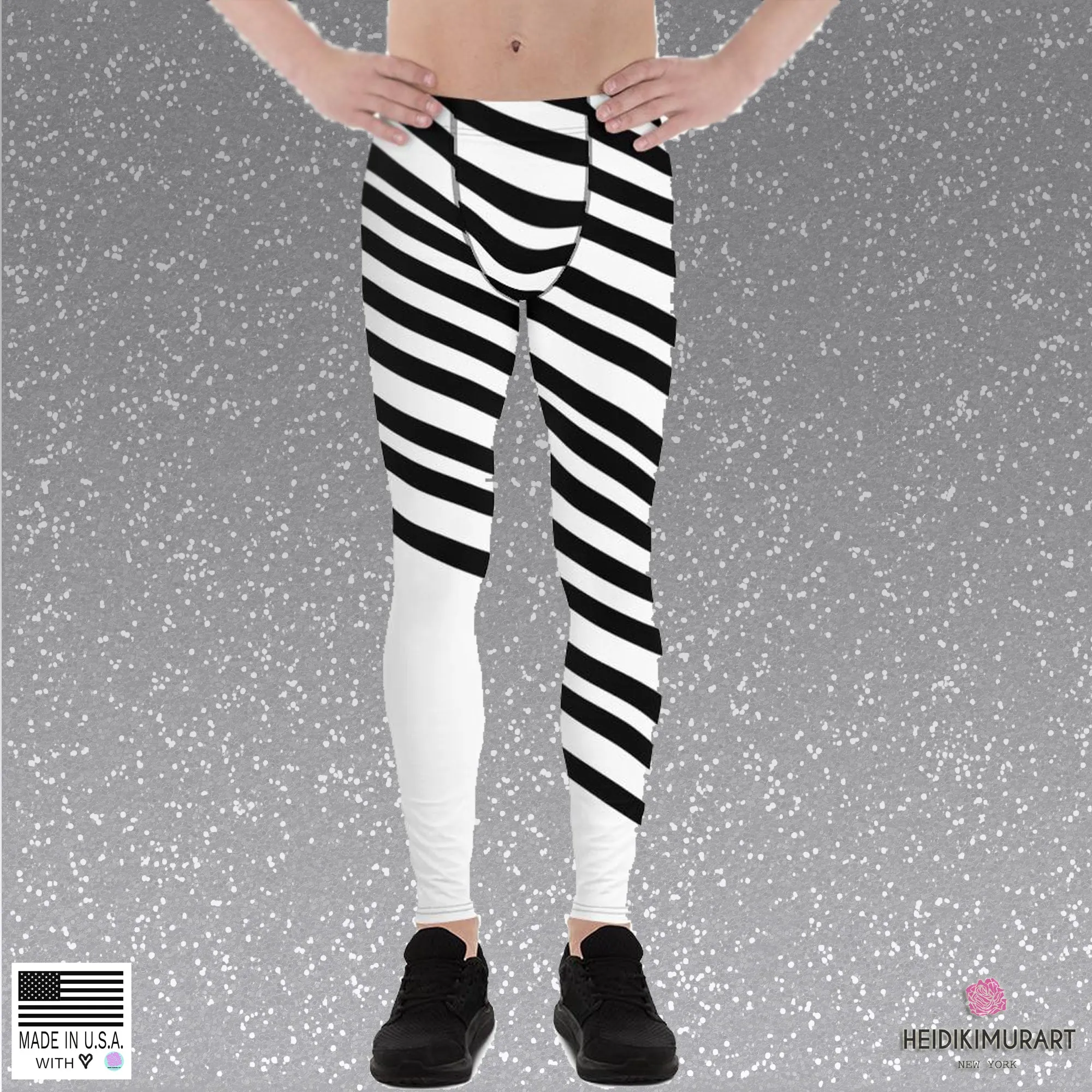 Black White Diagonally Striped Meggings, Men's Running Leggings Tights-Made in USA/EU