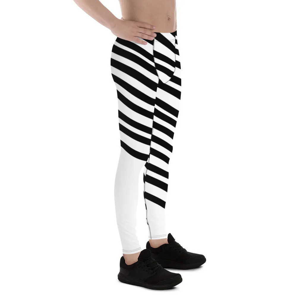 Black White Diagonally Striped Meggings, Men's Running Leggings Tights-Made in USA/EU