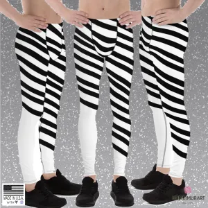 Black White Diagonally Striped Meggings, Men's Running Leggings Tights-Made in USA/EU