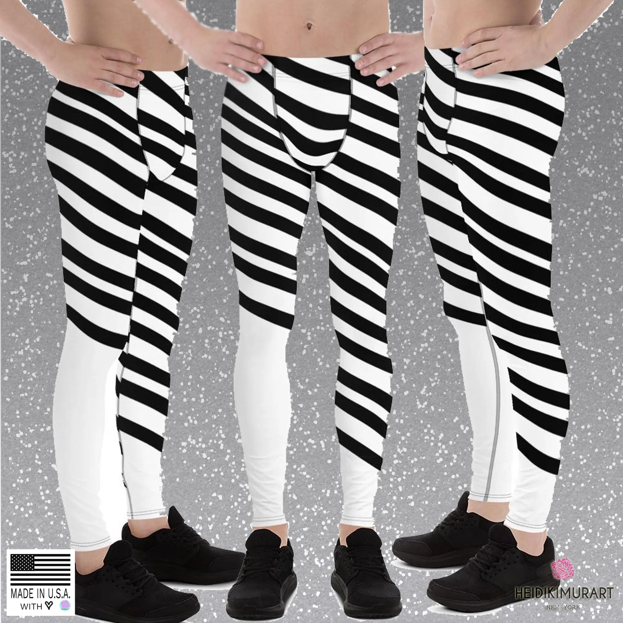 Black White Diagonally Striped Meggings, Men's Running Leggings Tights-Made in USA/EU