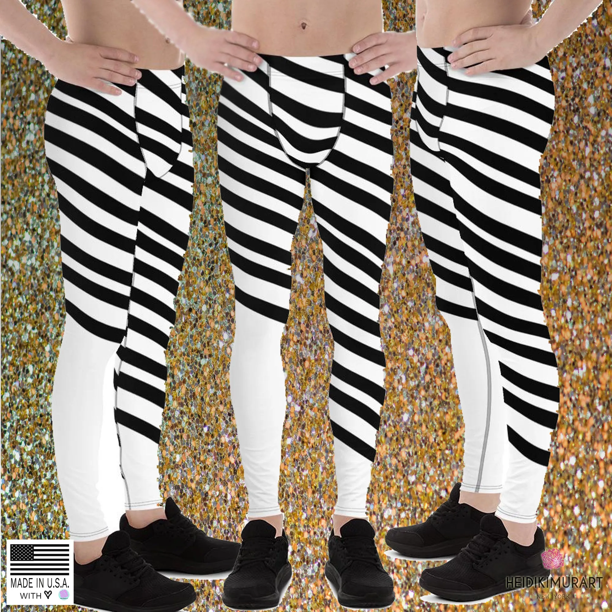 Black White Diagonally Striped Meggings, Men's Running Leggings Tights-Made in USA/EU