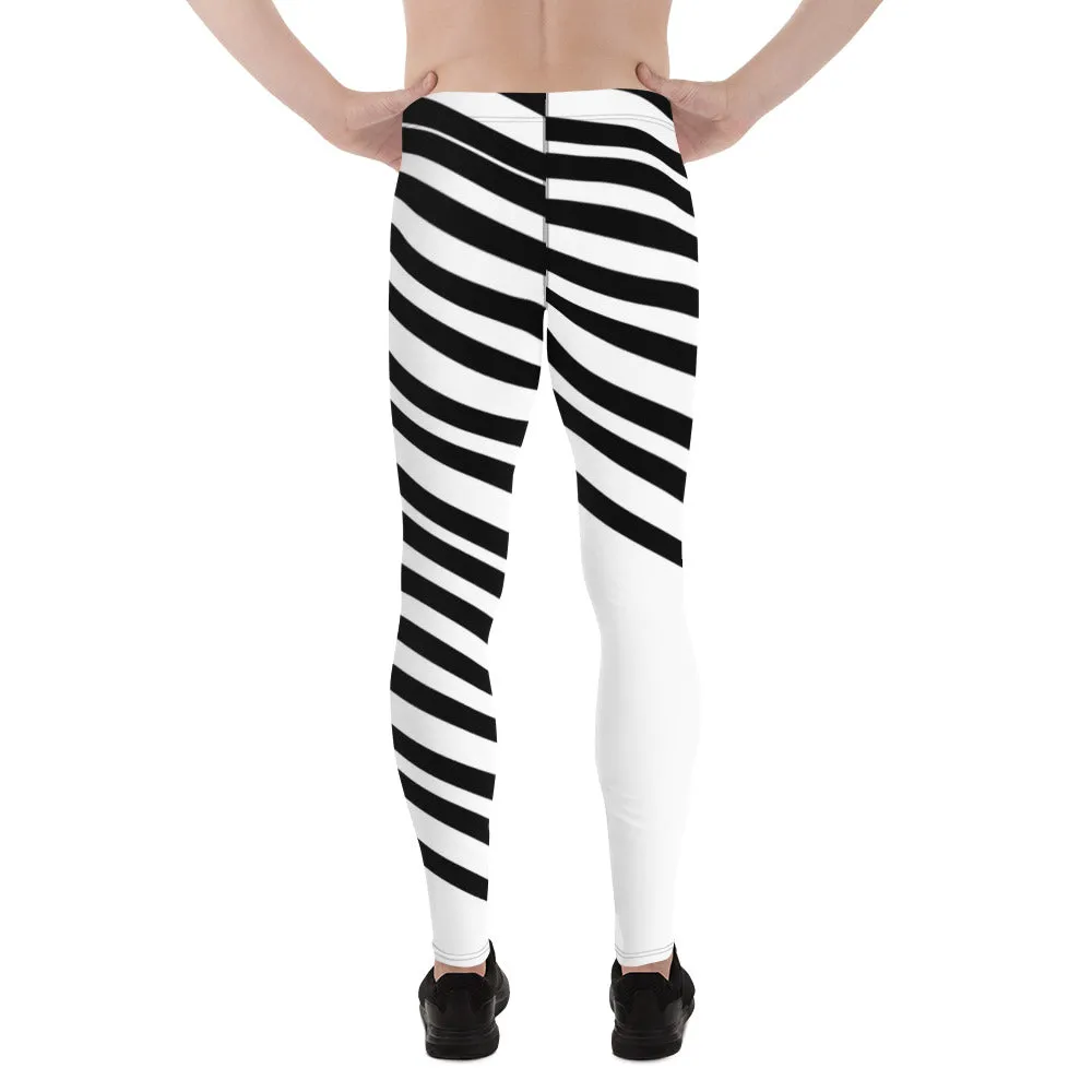 Black White Diagonally Striped Meggings, Men's Running Leggings Tights-Made in USA/EU