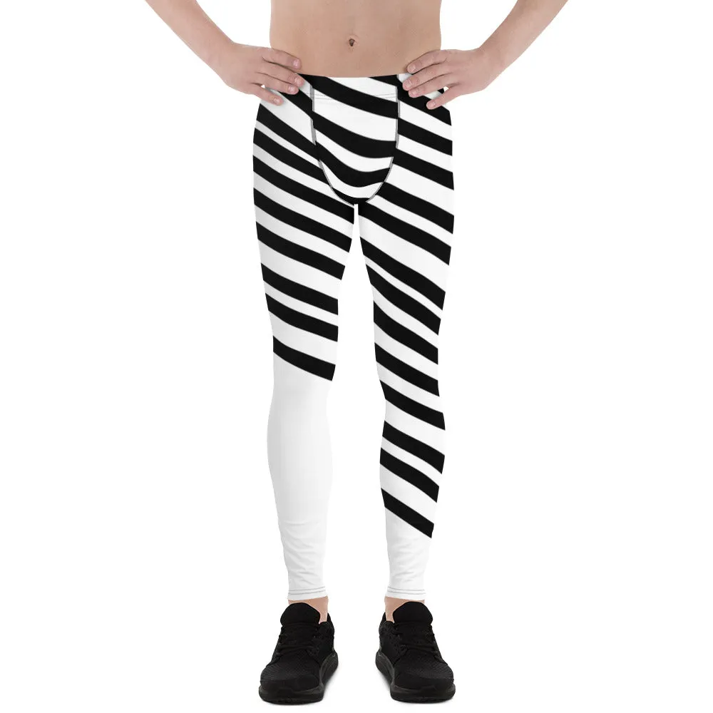 Black White Diagonally Striped Meggings, Men's Running Leggings Tights-Made in USA/EU