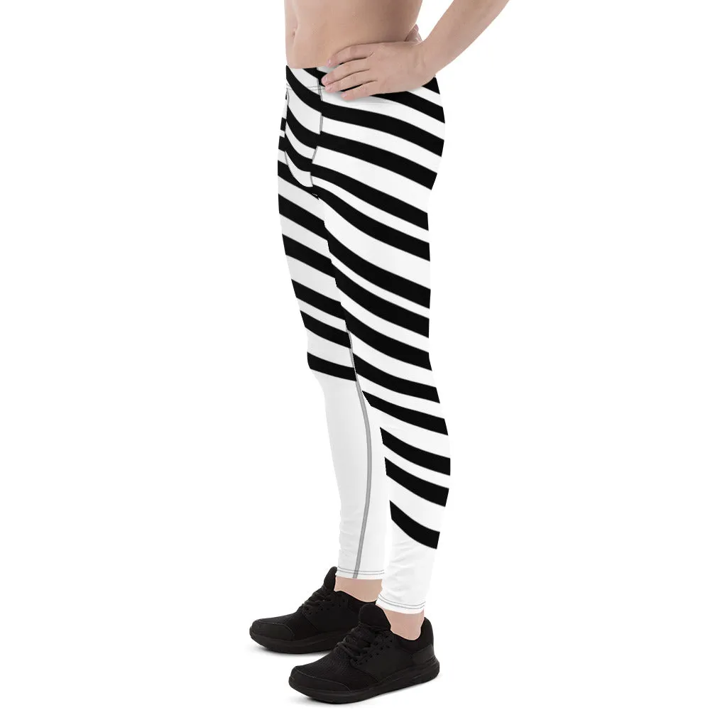 Black White Diagonally Striped Meggings, Men's Running Leggings Tights-Made in USA/EU