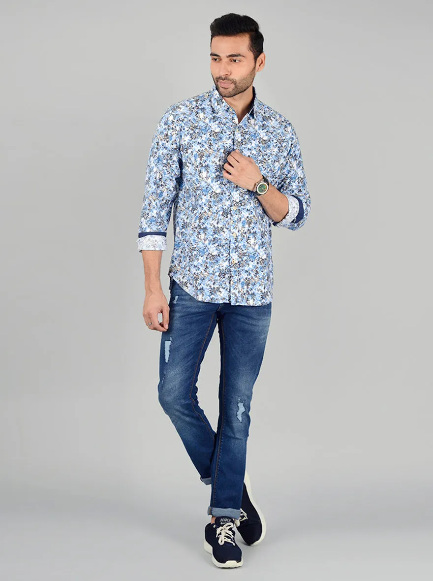 Blue & White Printed Slim Fit Casual Shirt | Greenfibre