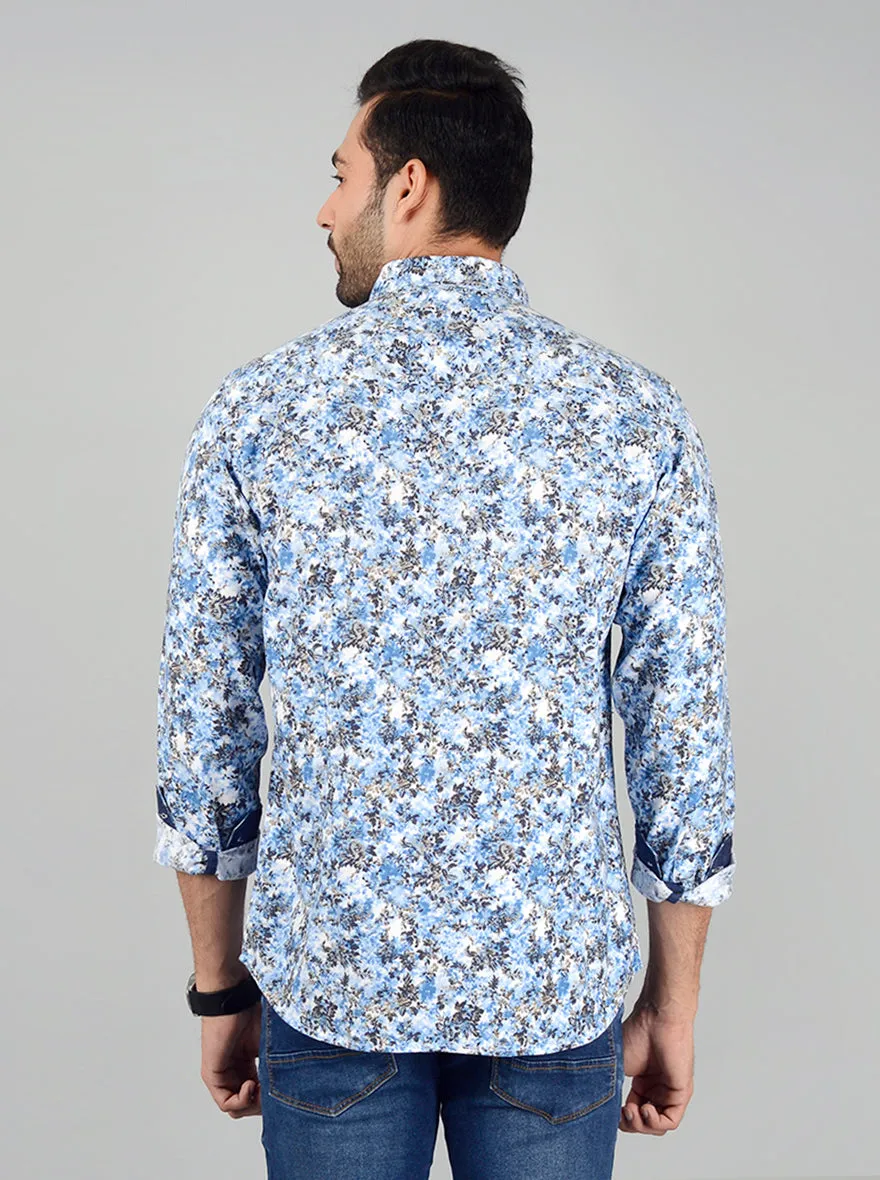 Blue & White Printed Slim Fit Casual Shirt | Greenfibre