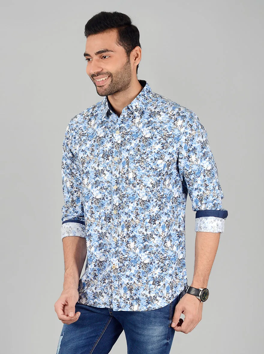 Blue & White Printed Slim Fit Casual Shirt | Greenfibre