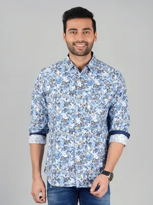 Blue & White Printed Slim Fit Casual Shirt | Greenfibre