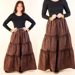 Boho Bliss Acid Wash Tiered Ruffle Maxi Skirt in Dark Brown