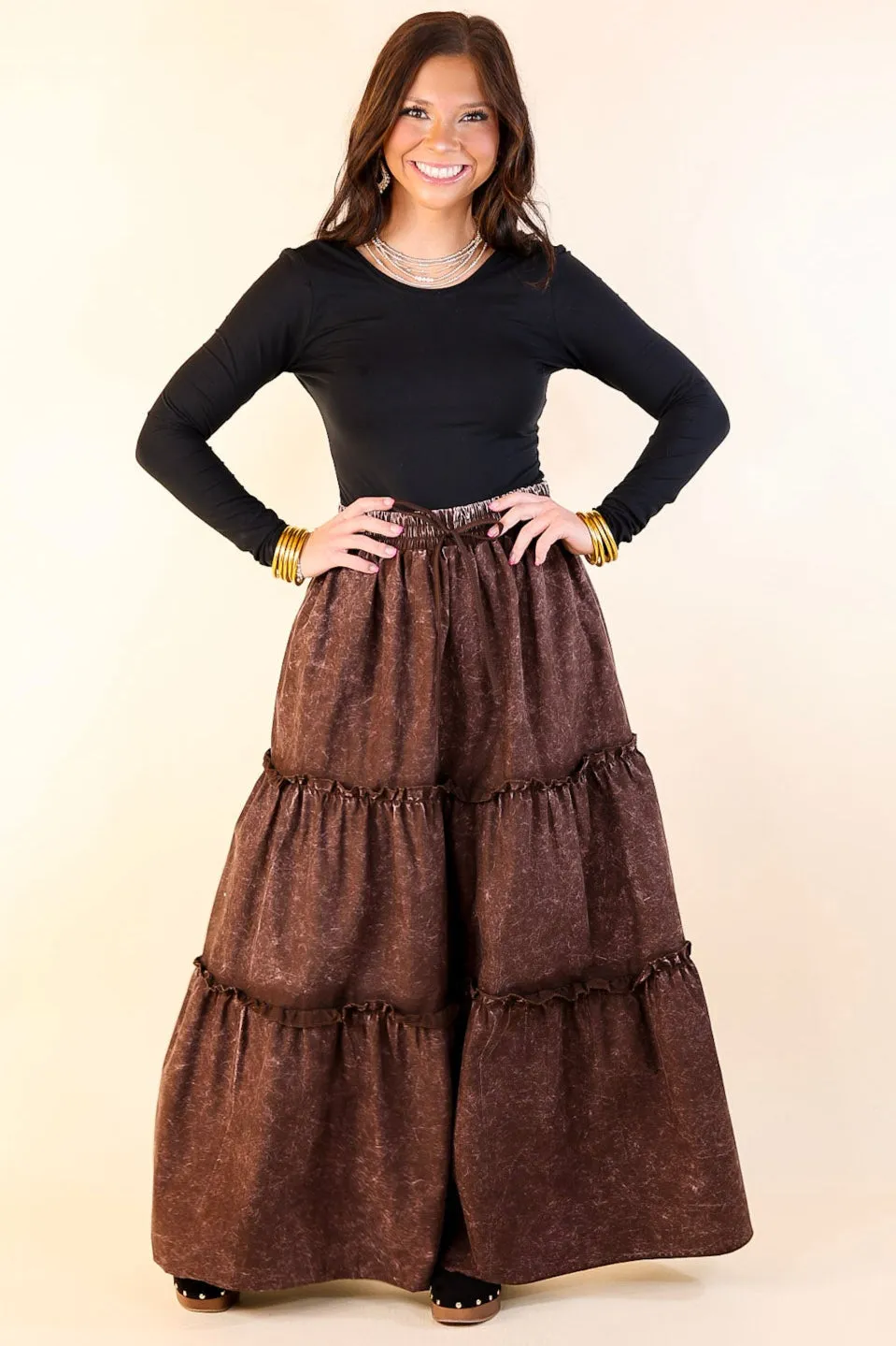 Boho Bliss Acid Wash Tiered Ruffle Maxi Skirt in Dark Brown