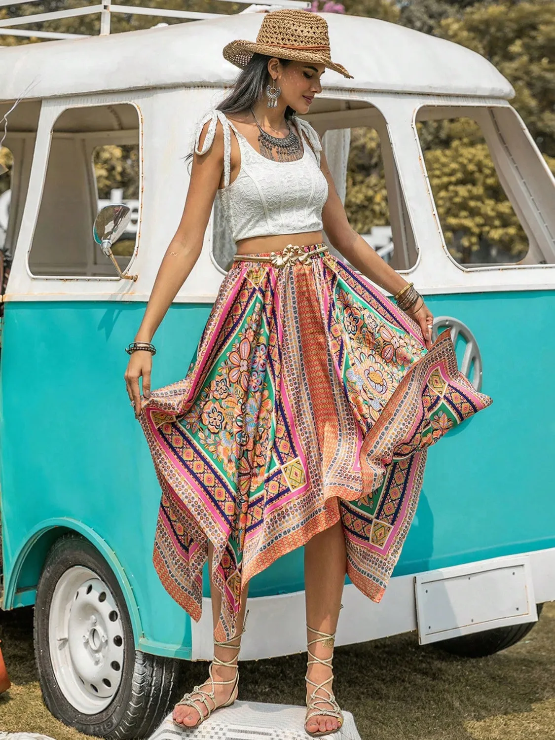 Boho Printed High Waist Midi Skirt Women's Festival Fashion Handkerchief Hem Skirt