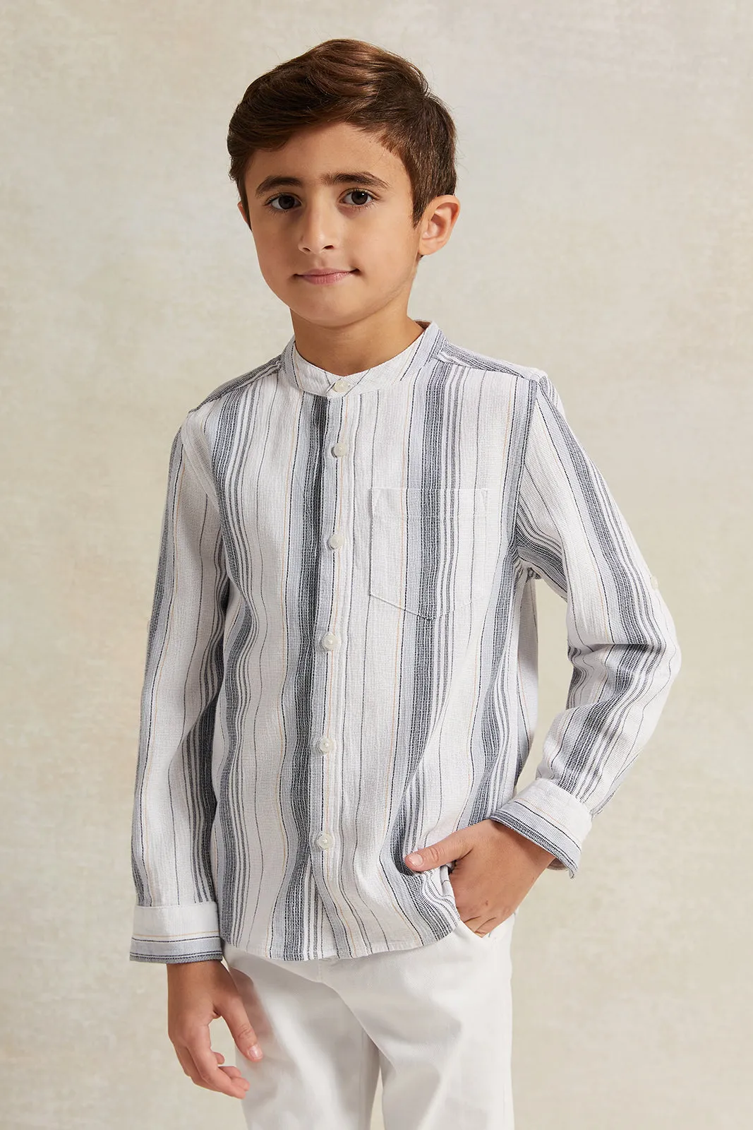 Boys White Dobby Stripe Shirt