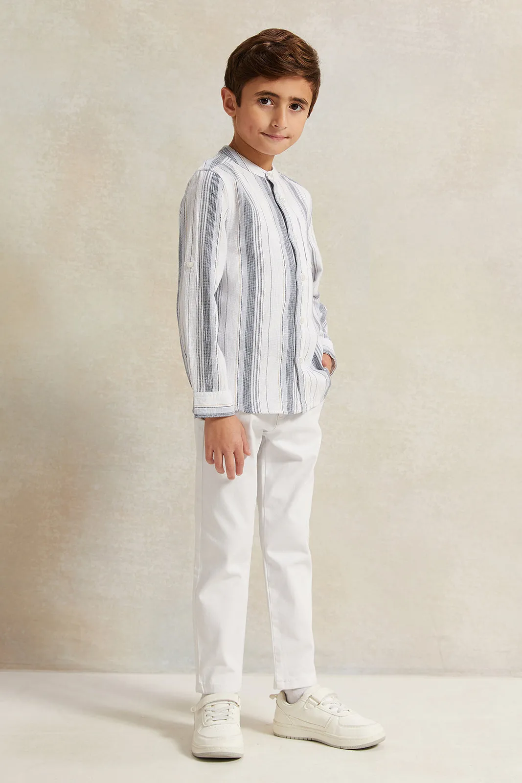 Boys White Dobby Stripe Shirt