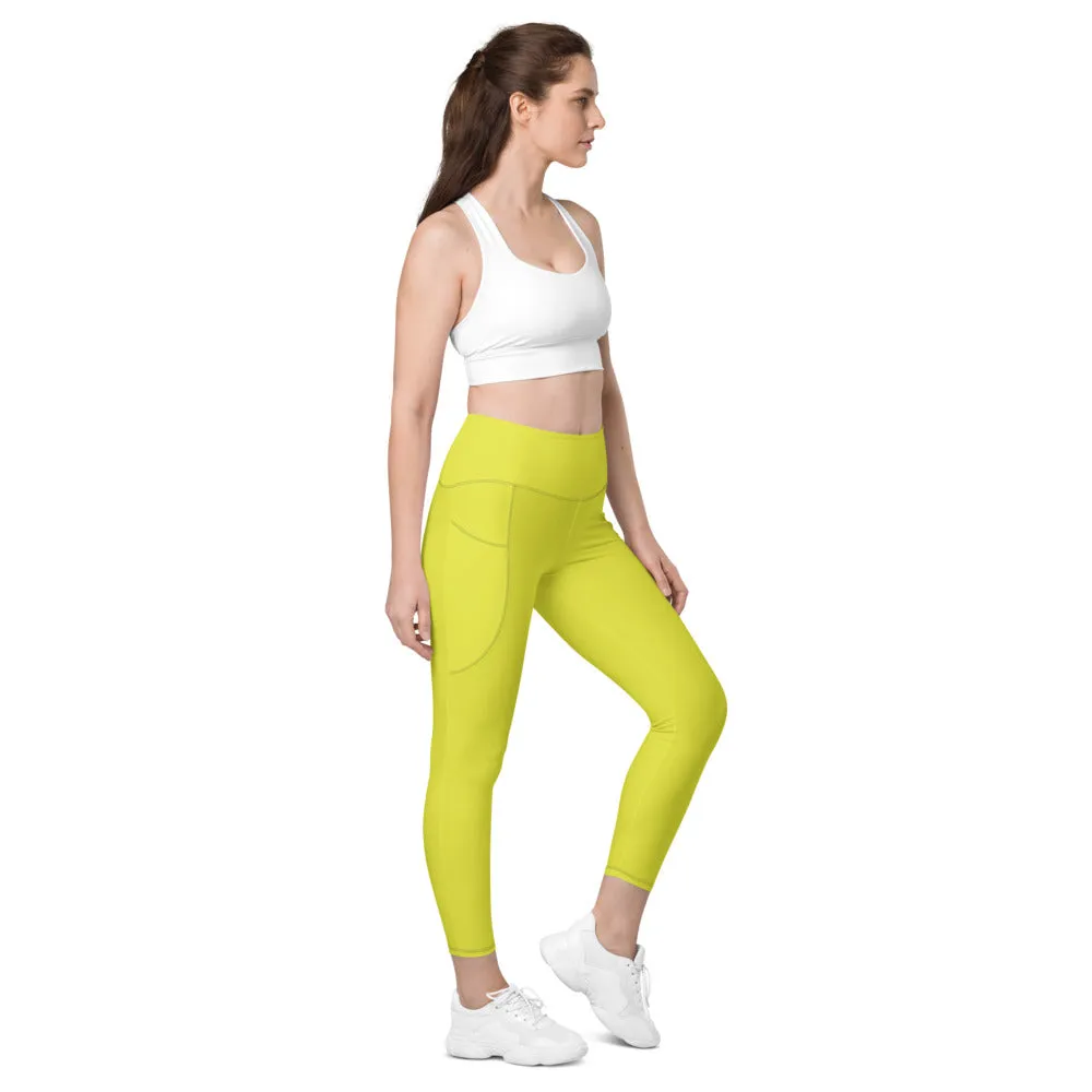 Bright Yellow Women's Tights, Best Solid Color Leggings For Women With 2 Side Pockets - Made in USA/EU/MX