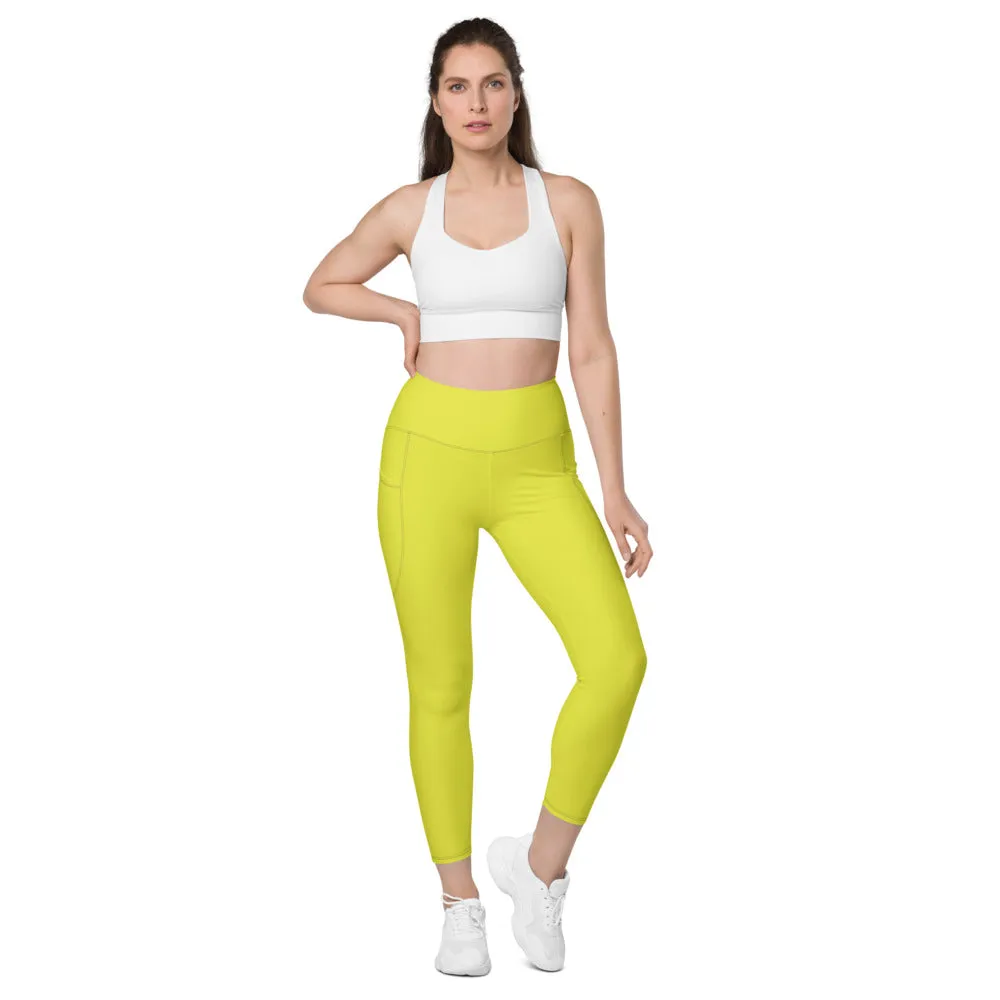 Bright Yellow Women's Tights, Best Solid Color Leggings For Women With 2 Side Pockets - Made in USA/EU/MX