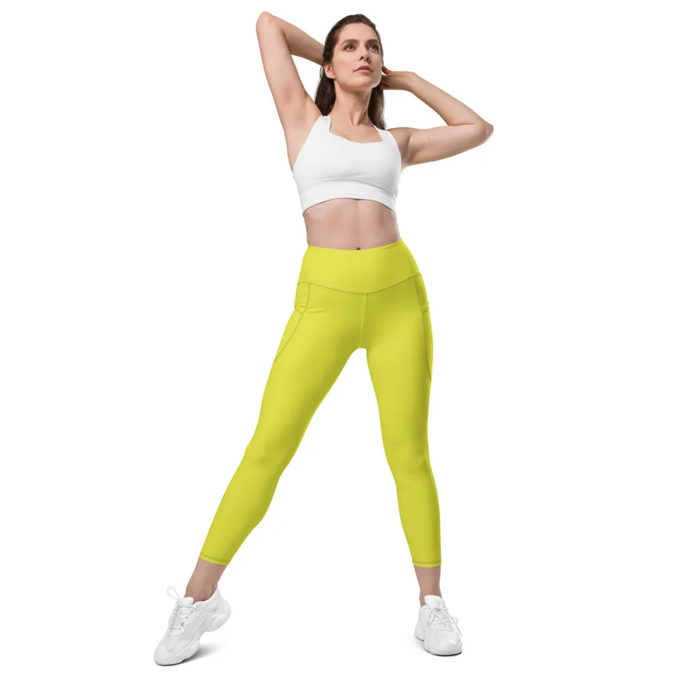 Bright Yellow Women's Tights, Best Solid Color Leggings For Women With 2 Side Pockets - Made in USA/EU/MX