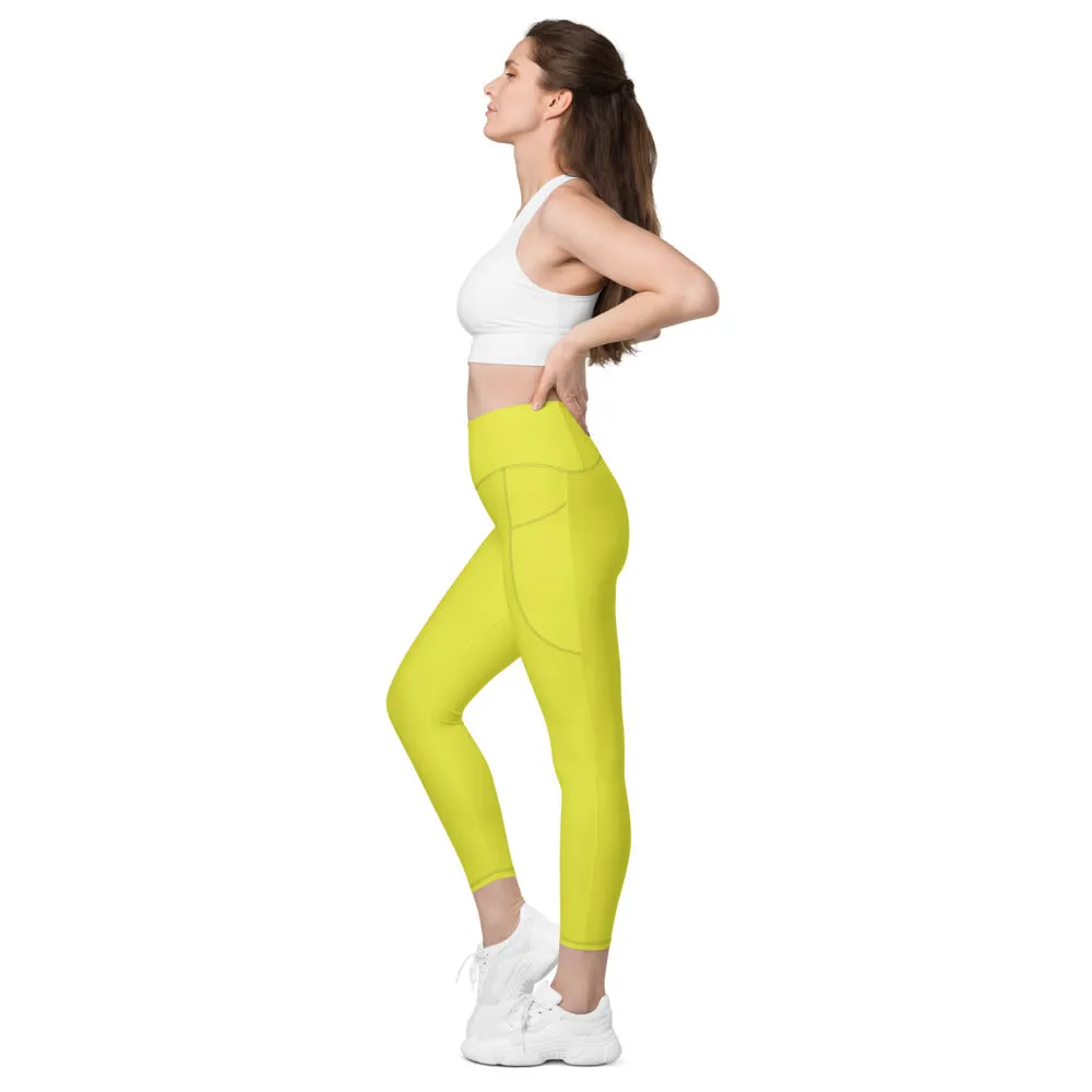 Bright Yellow Women's Tights, Best Solid Color Leggings For Women With 2 Side Pockets - Made in USA/EU/MX