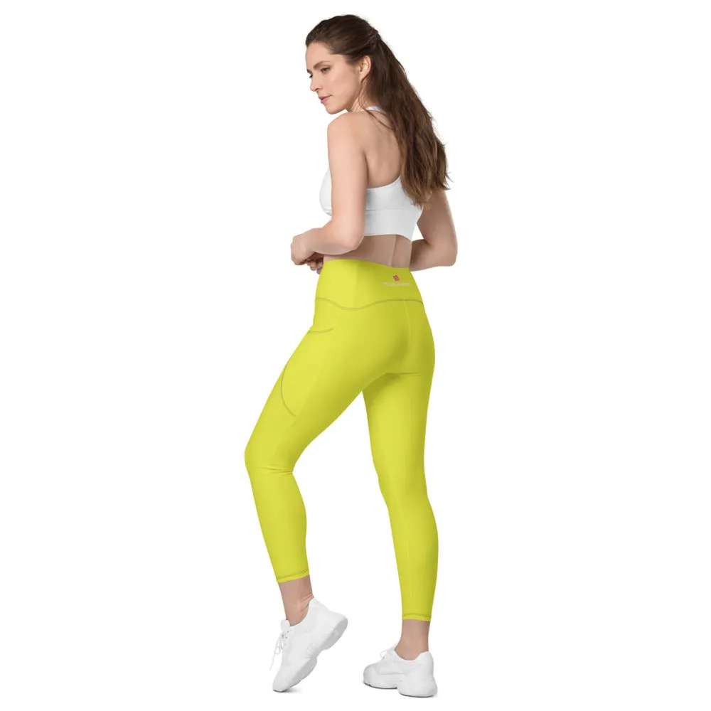 Bright Yellow Women's Tights, Best Solid Color Leggings For Women With 2 Side Pockets - Made in USA/EU/MX