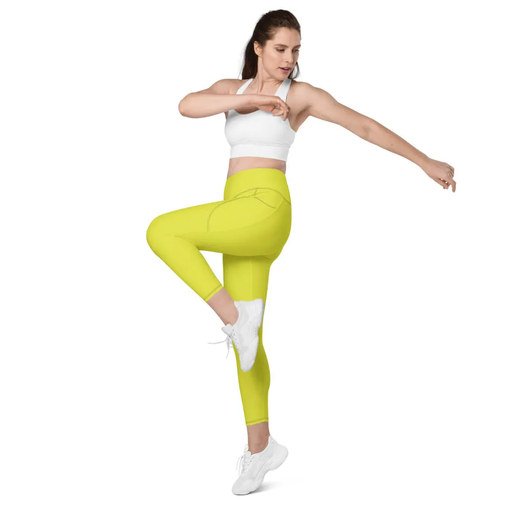 Bright Yellow Women's Tights, Best Solid Color Leggings For Women With 2 Side Pockets - Made in USA/EU/MX