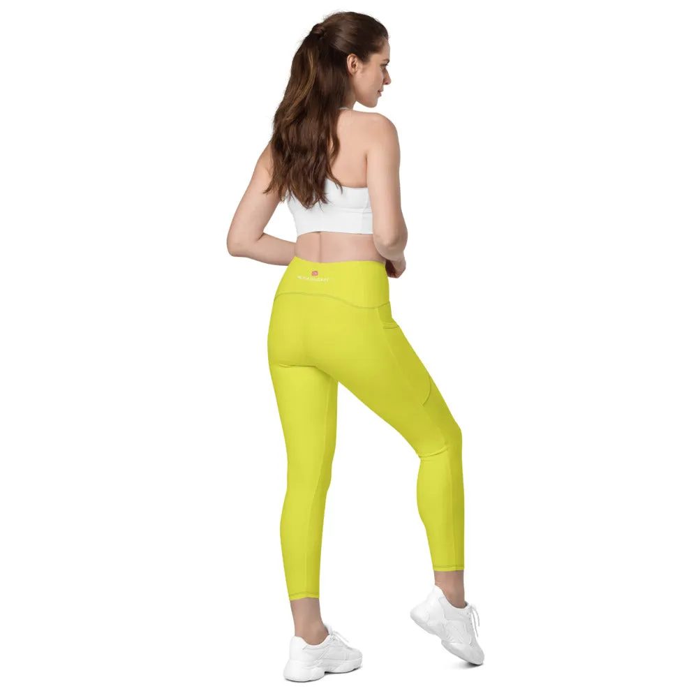 Bright Yellow Women's Tights, Best Solid Color Leggings For Women With 2 Side Pockets - Made in USA/EU/MX