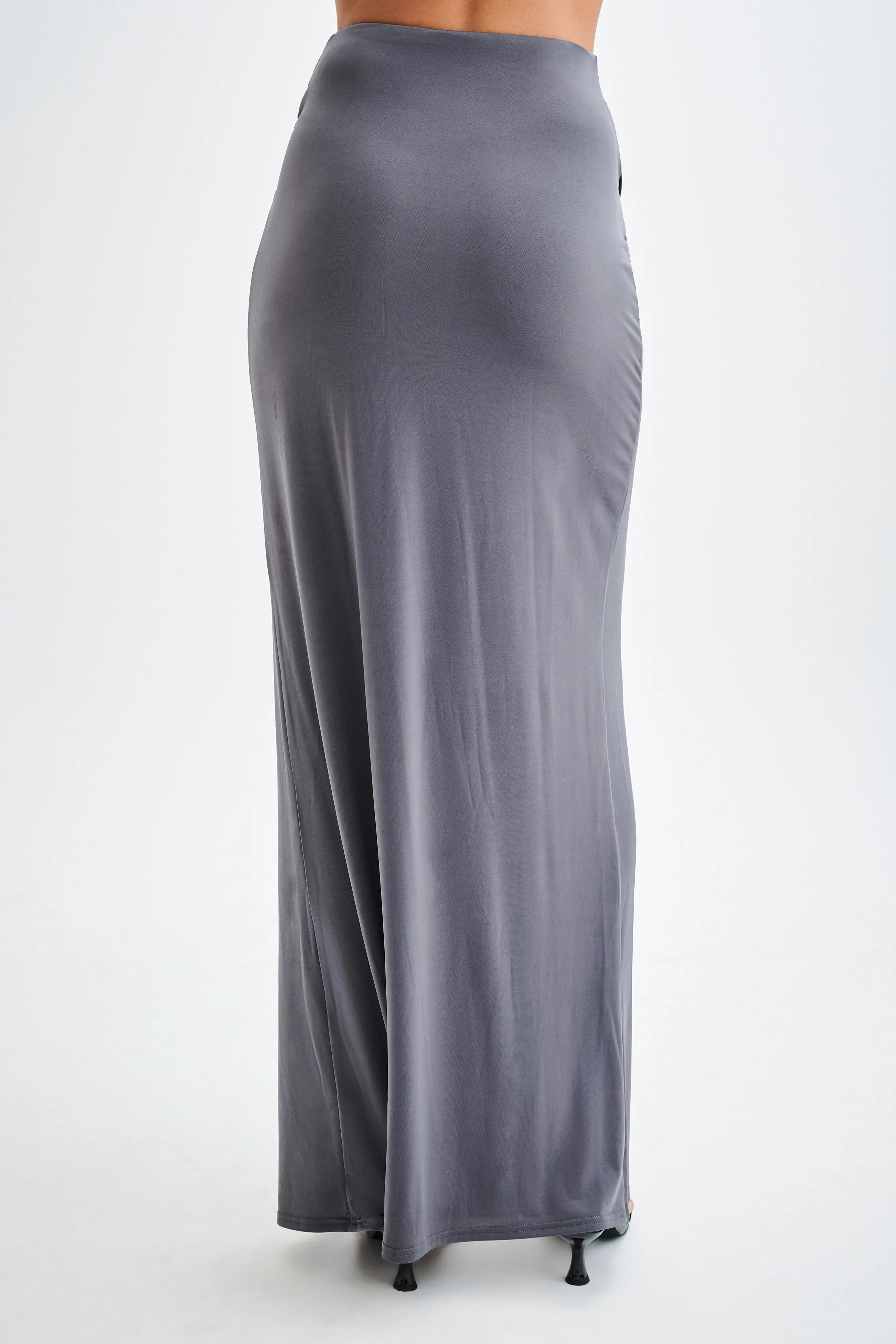 Bronwyn Slinky Ruched Maxi Skirt With Split - Charcoal