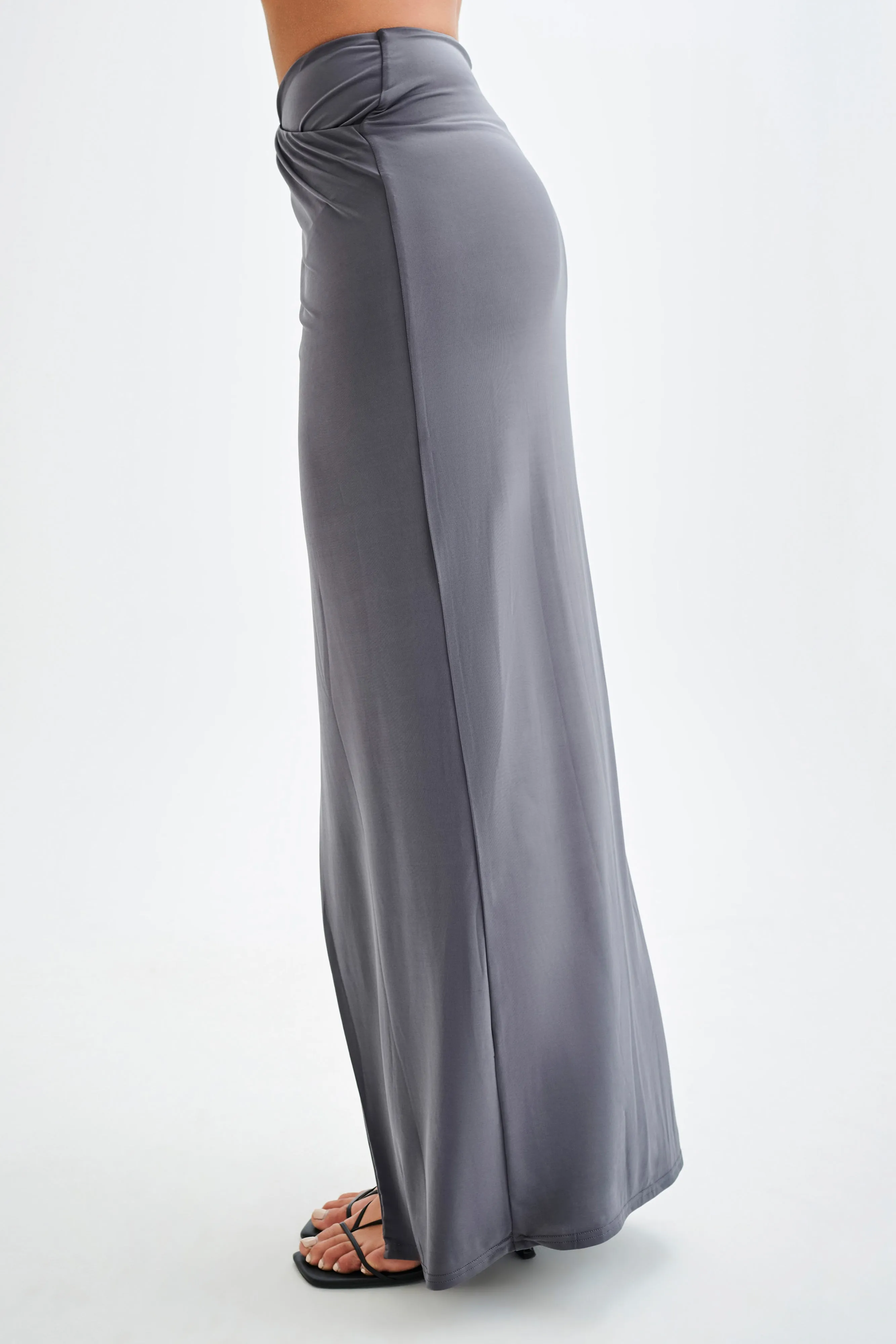 Bronwyn Slinky Ruched Maxi Skirt With Split - Charcoal