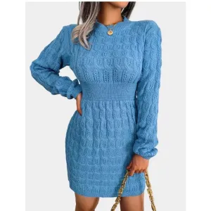 Cable Knit Blue Sweater Dress Crew Neck