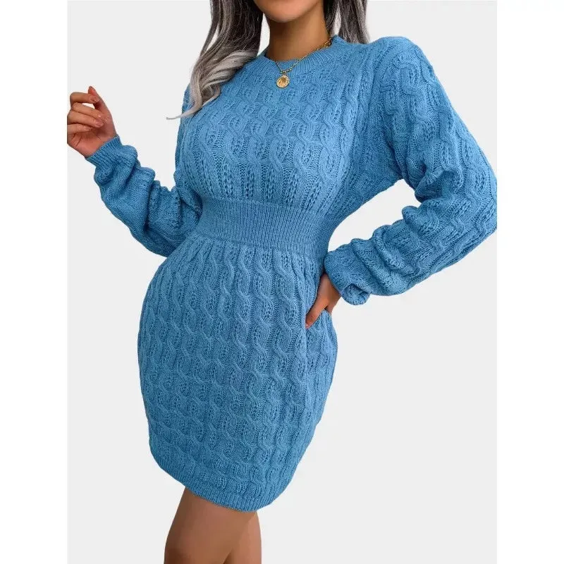 Cable Knit Blue Sweater Dress Crew Neck