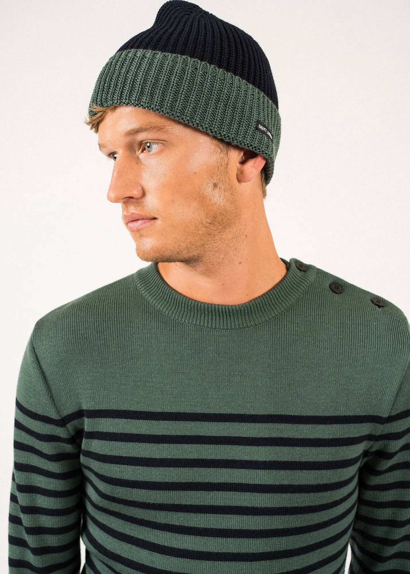 Canot Two-tone Wool Beanie - in purl knit (NAVY/VEGETAL)